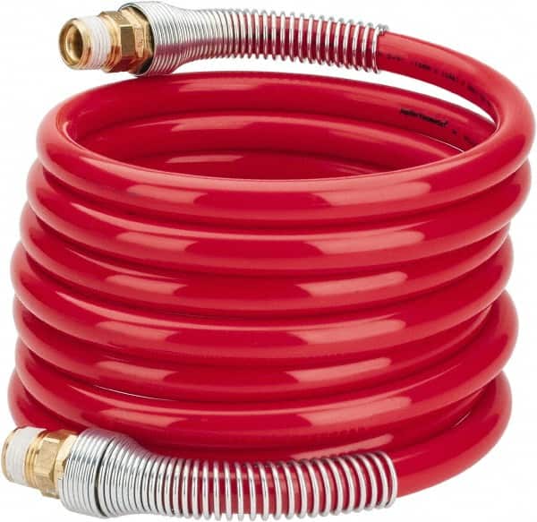 PRO-SOURCE - 1/2" ID, 1/2 Thread, 12' Long, Red Nylon Coiled & Self Storing Hose - 220 Max psi, Male Swivel x Male Swivel - Exact Tooling