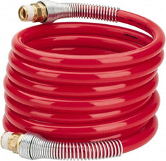 PRO-SOURCE - 1/2" ID, 1/2 Thread, 12' Long, Red Nylon Coiled & Self Storing Hose - 220 Max psi, Male Swivel x Male Swivel - Exact Tooling