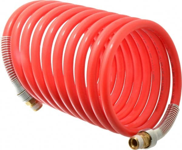 PRO-SOURCE - 1/2" ID, 1/2 Thread, 17' Long, Red Nylon Coiled & Self Storing Hose - 220 Max psi, Male Swivel x Male Swivel - Exact Tooling