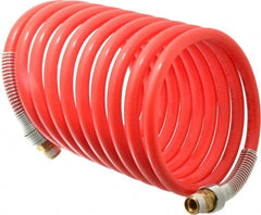 PRO-SOURCE - 1/2" ID, 1/2 Thread, 17' Long, Red Nylon Coiled & Self Storing Hose - 220 Max psi, Male Swivel x Male Swivel - Exact Tooling