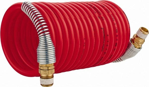 PRO-SOURCE - 1/4" ID, 1/4 Thread, 12' Long, Red Nylon Coiled & Self Storing Hose - 240 Max psi, Male Swivel x Male Swivel - Exact Tooling