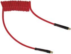 PRO-SOURCE - 3/8" ID, 3/8 Thread, 15' Long, Red Polyurethane Coiled & Self Storing Hose - 133 Max psi, Male Swivel x Male Swivel - Exact Tooling