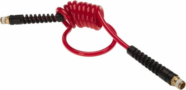 PRO-SOURCE - 3/16" ID, 1/4 Thread, 5' Long, Red Polyurethane Coiled & Self Storing Hose - 147 Max psi, Male Swivel x Male Swivel - Exact Tooling