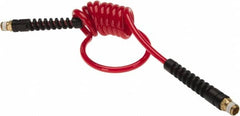 PRO-SOURCE - 3/16" ID, 1/4 Thread, 5' Long, Red Polyurethane Coiled & Self Storing Hose - 147 Max psi, Male Swivel x Male Swivel - Exact Tooling