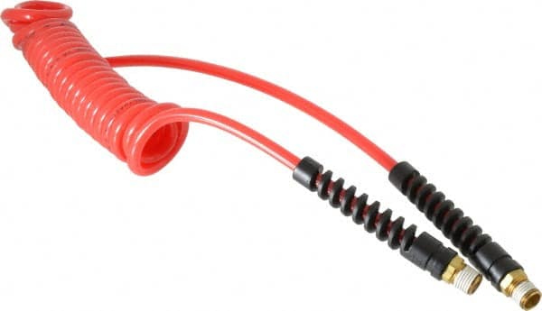 PRO-SOURCE - 3/16" ID, 1/4 Thread, 10' Long, Red Polyurethane Coiled & Self Storing Hose - 147 Max psi, Male Swivel x Male Swivel - Exact Tooling