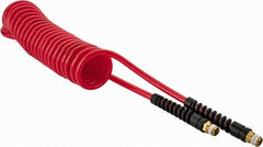 PRO-SOURCE - 1/4" ID, 1/4 Thread, 15' Long, Red Polyurethane Coiled & Self Storing Hose - 147 Max psi, Male Swivel x Male Swivel - Exact Tooling