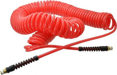 PRO-SOURCE - 1/4" ID, 1/4 Thread, 50' Long, Red Polyurethane Coiled & Self Storing Hose - 147 Max psi, Male Swivel x Male Swivel - Exact Tooling