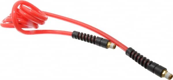 PRO-SOURCE - 5/16" ID, 1/4 Thread, 5' Long, Red Polyurethane Coiled & Self Storing Hose - 120 Max psi, Male Swivel x Male Swivel - Exact Tooling