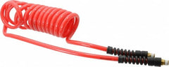 PRO-SOURCE - 5/16" ID, 1/4 Thread, 10' Long, Red Polyurethane Coiled & Self Storing Hose - 120 Max psi, Male Swivel x Male Swivel - Exact Tooling