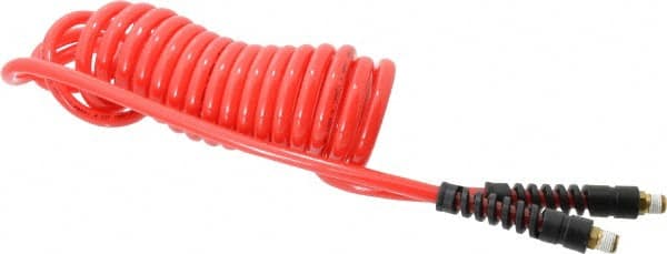 PRO-SOURCE - 5/16" ID, 1/4 Thread, 15' Long, Red Polyurethane Coiled & Self Storing Hose - 120 Max psi, Male Swivel x Male Swivel - Exact Tooling