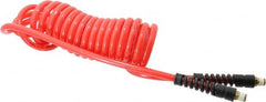 PRO-SOURCE - 5/16" ID, 1/4 Thread, 15' Long, Red Polyurethane Coiled & Self Storing Hose - 120 Max psi, Male Swivel x Male Swivel - Exact Tooling