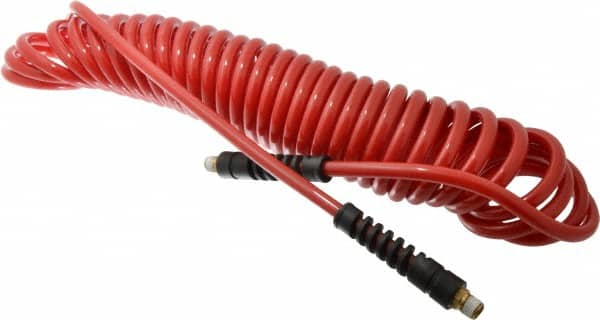 PRO-SOURCE - 5/16" ID, 1/4 Thread, 25' Long, Red Polyurethane Coiled & Self Storing Hose - 120 Max psi, Male Swivel x Male Swivel - Exact Tooling