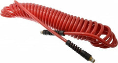 PRO-SOURCE - 5/16" ID, 1/4 Thread, 25' Long, Red Polyurethane Coiled & Self Storing Hose - 120 Max psi, Male Swivel x Male Swivel - Exact Tooling