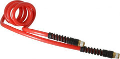 PRO-SOURCE - 3/8" ID, 3/8 Thread, 5' Long, Red Polyurethane Coiled & Self Storing Hose - 133 Max psi, Male Swivel x Male Swivel - Exact Tooling