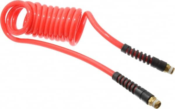 PRO-SOURCE - 3/8" ID, 3/8 Thread, 10' Long, Red Polyurethane Coiled & Self Storing Hose - 133 Max psi, Male Swivel x Male Swivel - Exact Tooling