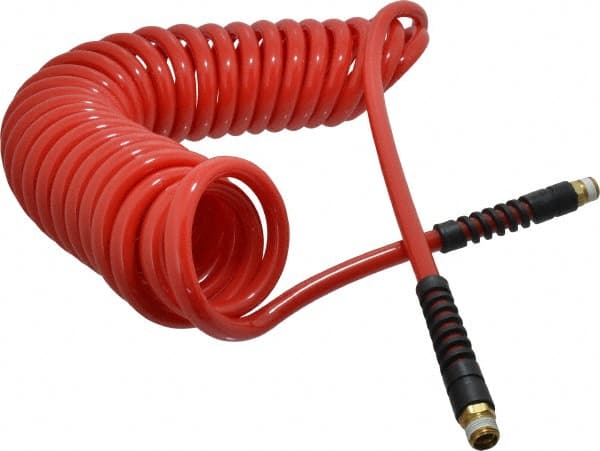 PRO-SOURCE - 3/8" ID, 3/8 Thread, 25' Long, Red Polyurethane Coiled & Self Storing Hose - 133 Max psi, Male Swivel x Male Swivel - Exact Tooling