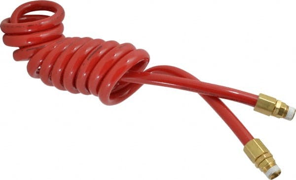 PRO-SOURCE - 1/2" ID, 1/2 Thread, 10' Long, Red Polyurethane Coiled & Self Storing Hose - 120 Max psi, Male Swivel x Male Swivel - Exact Tooling
