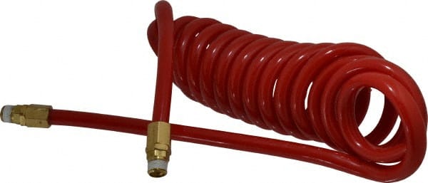 PRO-SOURCE - 1/2" ID, 1/2 Thread, 15' Long, Red Polyurethane Coiled & Self Storing Hose - 120 Max psi, Male Swivel x Male Swivel - Exact Tooling