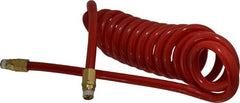 PRO-SOURCE - 1/2" ID, 1/2 Thread, 15' Long, Red Polyurethane Coiled & Self Storing Hose - 120 Max psi, Male Swivel x Male Swivel - Exact Tooling