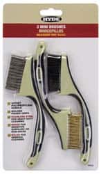 Hyde Tools - 3 Piece Brass, Nylon & Stainless Hand Brush Set - 6-1/2" Brush Length, 0.1mm Trim Length - Exact Tooling