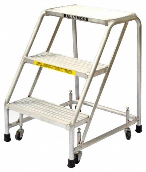 Ballymore - 28-1/2" 3 Step Ladder - Rolling Safety Ladder, 300 Lb Capacity, 28-1/2" Platform Height, 20" Base Width x 25" Base Depth, Heavy-Duty Serrated Grating - Exact Tooling