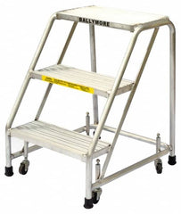 Ballymore - 28-1/2" 3 Step Ladder - Rolling Safety Ladder, 300 Lb Capacity, 28-1/2" Platform Height, 20" Base Width x 25" Base Depth, Heavy-Duty Serrated Grating - Exact Tooling