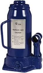 Value Collection - 12 Ton Capacity Side Pump Bottle Jack - 9-1/2" to 18-5/8" High, 6" Piston Stroke, 3-1/8" Screw Length, 1-3/16" Screw Diam, 1.73" Plunger Diam, 5-1/4" Long x 5-1/8" Wide Base - Exact Tooling