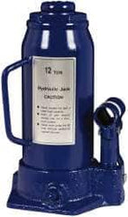 Value Collection - 12 Ton Capacity Side Pump Bottle Jack - 9-1/2" to 18-5/8" High, 6" Piston Stroke, 3-1/8" Screw Length, 1-3/16" Screw Diam, 1.73" Plunger Diam, 5-1/4" Long x 5-1/8" Wide Base - Exact Tooling