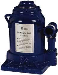 Value Collection - 20 Ton Capacity Side Pump Bottle Jack - 7-1/2" to 11-1/4" High, 3-1/8" Piston Stroke, 1-5/8" Screw Length, 1-1/2" Screw Diam, 2.2" Plunger Diam, 6-1/4" Long x 5-7/8" Wide Base - Exact Tooling