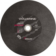 Weiler - 12" 46 Grit Aluminum Oxide Cutoff Wheel - 3/32" Thick, 1" Arbor, 5,100 Max RPM, Use with Chop Saws - Exact Tooling