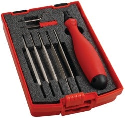 Shaviv - 8 Piece High Speed Steel, Diamond Coated Blade Hand Deburring Tool Set - E100S, E400 Blades, For Straight Edge, Hole Edge, Hole Inner Surface, Flat Surface - Exact Tooling