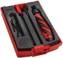 Shaviv - 11 Piece High Speed Steel Blade Hand Deburring Tool Set - C, E Blade Holder, E100P, E111, E200, E300, E600, E700;C42 Blades, For Straight Edge, Hole Edge, Hole Inner Surface, Flat Surface, Slot/Keyway - Exact Tooling