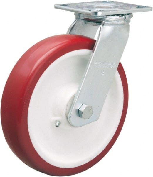 Hamilton - 8" Diam x 2" Wide x 9-1/2" OAH Top Plate Mount Swivel Caster - Polyurethane Mold on Polypropylene, 900 Lb Capacity, Straight Roller Bearing, 4 x 4-1/2" Plate - Exact Tooling