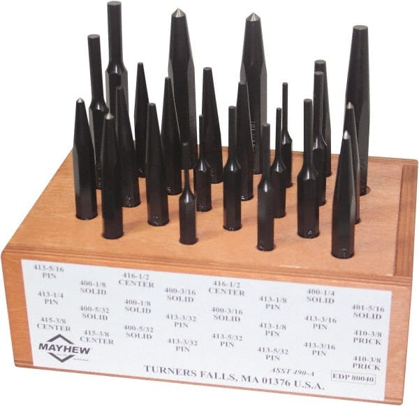 Mayhew - 24 Piece, 1/8 to 1/2", Center, Pin & Prick Starter Punch Set - Hex Shank, Steel, Comes in Boxed - Exact Tooling