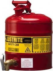 Justrite - 5 Gal Galvanized Steel Self-Closing, Self-Venting, Full-Length Flame Arrester with Bottom Faucet - 16-7/8" High x 11-3/4" Diam, Red with Yellow - Exact Tooling