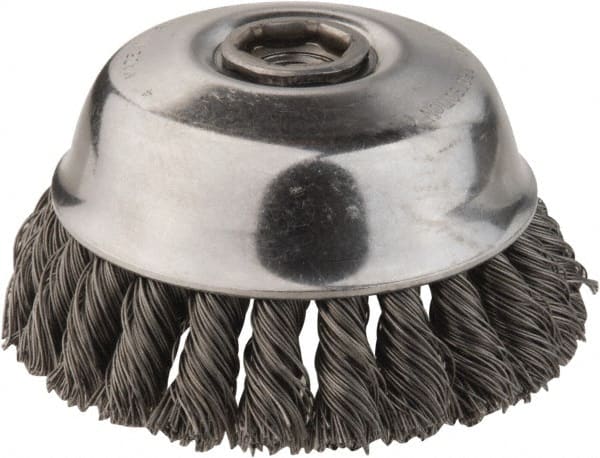 DeWALT - 4" Diam, 5/8-11 Threaded Arbor, Steel Fill Cup Brush - 0.02 Wire Diam, 1-1/8" Trim Length, 9,000 Max RPM - Exact Tooling