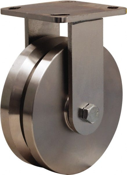 Hamilton - 6" Diam x 2" Wide, Stainless Steel Rigid Caster - 1,200 Lb Capacity, Top Plate Mount, 4" x 4-1/2" Plate, Delrin Bearing - Exact Tooling
