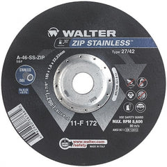 WALTER Surface Technologies - 46 Grit, 7" Wheel Diam, 1/16" Wheel Thickness, 7/8" Arbor Hole, Type 27 Depressed Center Wheel - Aluminum Oxide/Silicon Carbide Blend, Resinoid Bond, 8,600 Max RPM - Exact Tooling