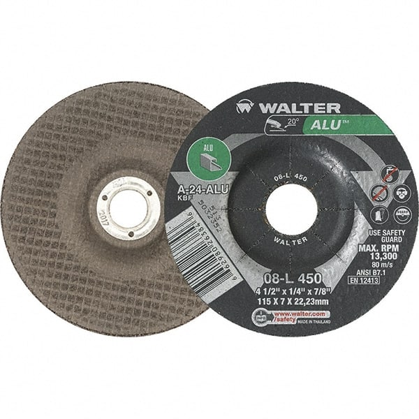WALTER Surface Technologies - 24 Grit, 4-1/2" Wheel Diam, 1/4" Wheel Thickness, 7/8" Arbor Hole, Type 27 Depressed Center Wheel - Aluminum Oxide, 13,300 Max RPM - Exact Tooling