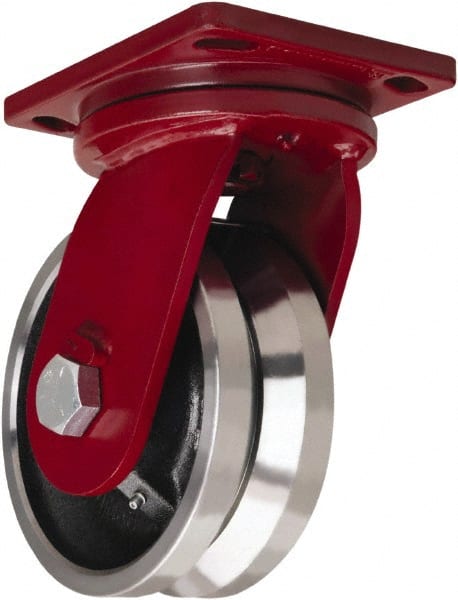 Hamilton - 8" Diam x 3" Wide, Iron Swivel Caster - 5,000 Lb Capacity, Top Plate Mount, 6-1/2" x 7-1/2" Plate, Straight Roller Bearing - Exact Tooling