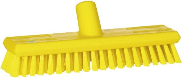 Vikan - 1.3" Bristle Length, Polyester Scrub Brush - 10-3/4" Long x 2-1/2" Wide Head, 11" OAL, European Threaded Handle, Yellow, Polypropylene Block - Exact Tooling