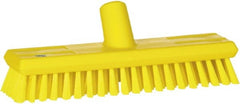Vikan - 1.3" Bristle Length, Polyester Scrub Brush - 10-3/4" Long x 2-1/2" Wide Head, 11" OAL, European Threaded Handle, Yellow, Polypropylene Block - Exact Tooling