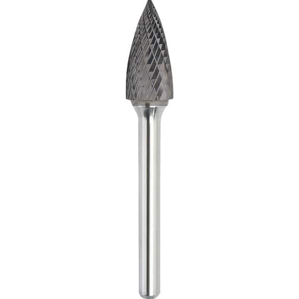 Made in USA - 6.3mm Cut Diam, 0.1181" Shank Diam, Tree Head Double Cut Burr - Carbide, 12.7mm LOC, 50mm OAL - Exact Tooling