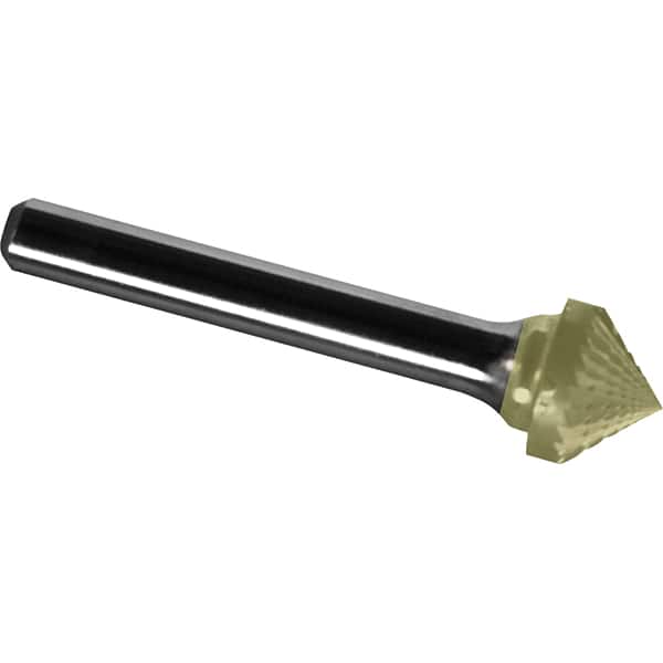 Made in USA - 7/16" Cut Diam, 1/4" Shank Diam, Cone Head Diamond Cut Burr - Carbide, 1/4" LOC, 2" OAL - Exact Tooling