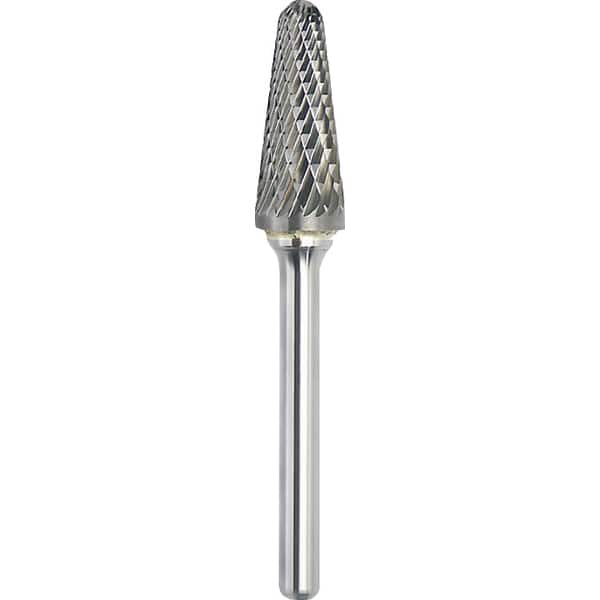 Made in USA - 1/2" Cut Diam, 1/4" Shank Diam, Cone Head Double Cut Burr - Carbide, 1-1/8" LOC, 2-7/8" OAL - Exact Tooling