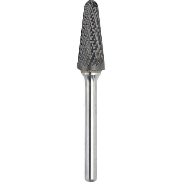 Made in USA - 1/2" Cut Diam, 0.2362" Shank Diam, Cone Head Double Cut Burr - Carbide, 28mm LOC, 73mm OAL - Exact Tooling