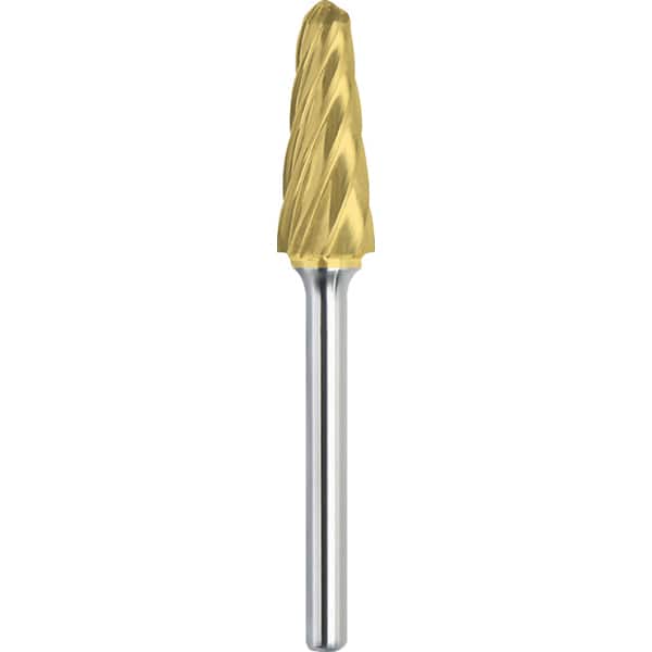 Made in USA - 5/8" Cut Diam, 1/4" Shank Diam, Cone Head Aluma Cut Burr - Carbide, 1-5/16" LOC, 3-1/16" OAL - Exact Tooling