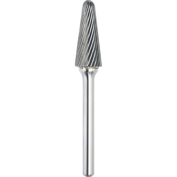 Made in USA - 1/2" Cut Diam, 1/4" Shank Diam, Cone Head Single Cut Burr - Carbide, 1-1/8" LOC, 2-7/8" OAL - Exact Tooling