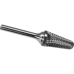 Made in USA - 1/2" Cut Diam, 1/4" Shank Diam, Cone Head Diamond Cut Burr - Carbide, 1-1/8" LOC, 2-7/8" OAL - Exact Tooling