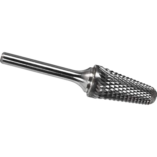 Made in USA - 5/16" Cut Diam, 1/4" Shank Diam, Cone Head Diamond Cut Burr - Carbide, 7/8" LOC, 2-5/8" OAL - Exact Tooling